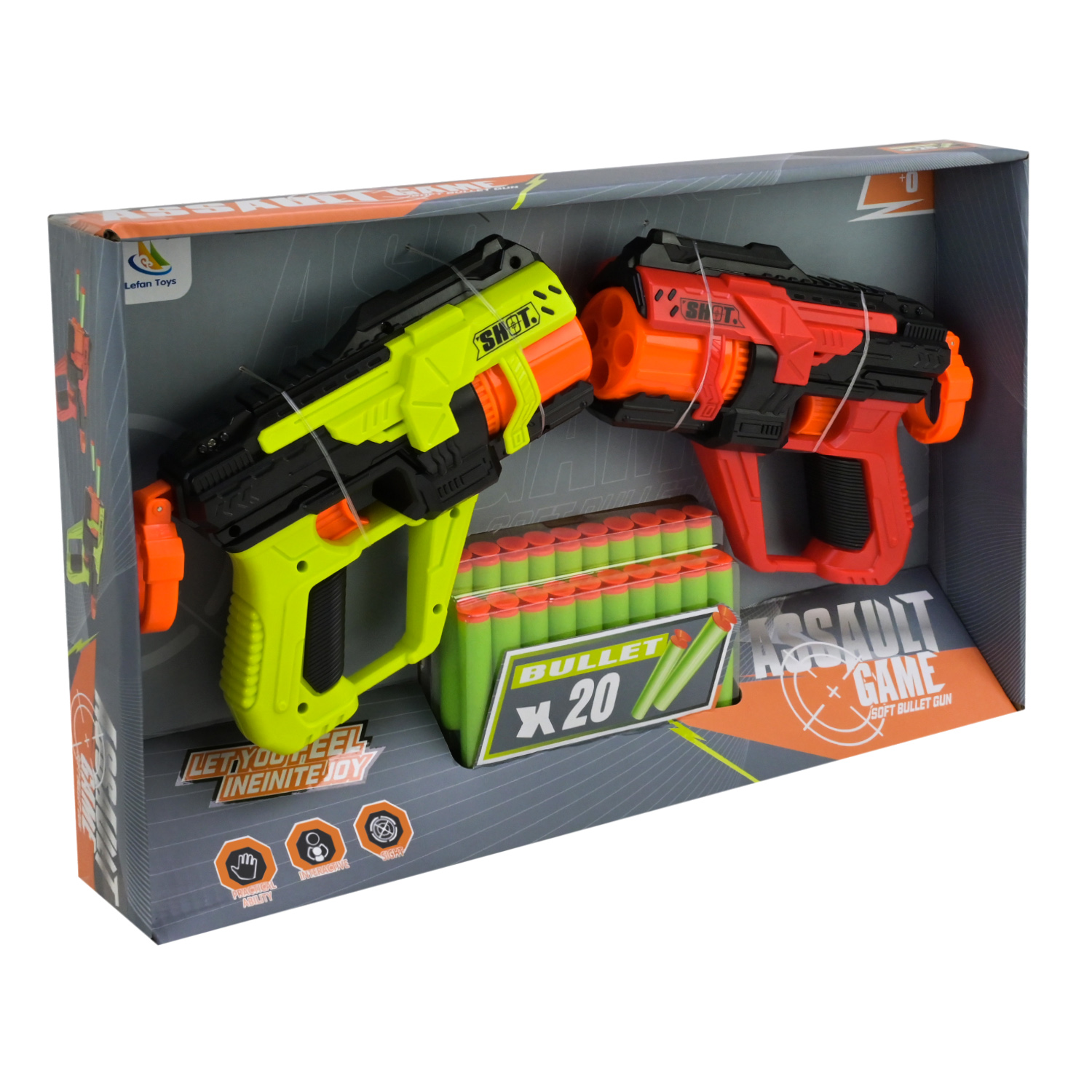 Бластер арт. 9956-2 (36шт/2) 2бластера в наборі ,стріляє поролон. знарядами, 20поролон. Знарядів у наборі короб. 41,7*6,5*21,5см