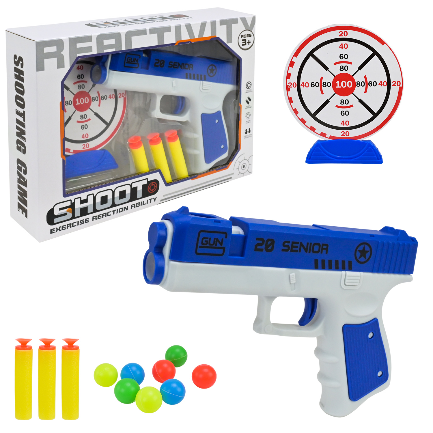 Iграшкова зброя арт. A30-50 (144шт/2) пістолет, мішень, м'як. кулі, у короб.,25,5*6*18см