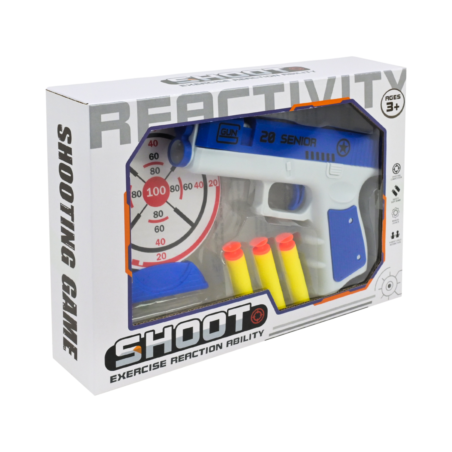 Iграшкова зброя арт. A30-50 (144шт/2) пістолет, мішень, м'як. кулі, у короб.,25,5*6*18см