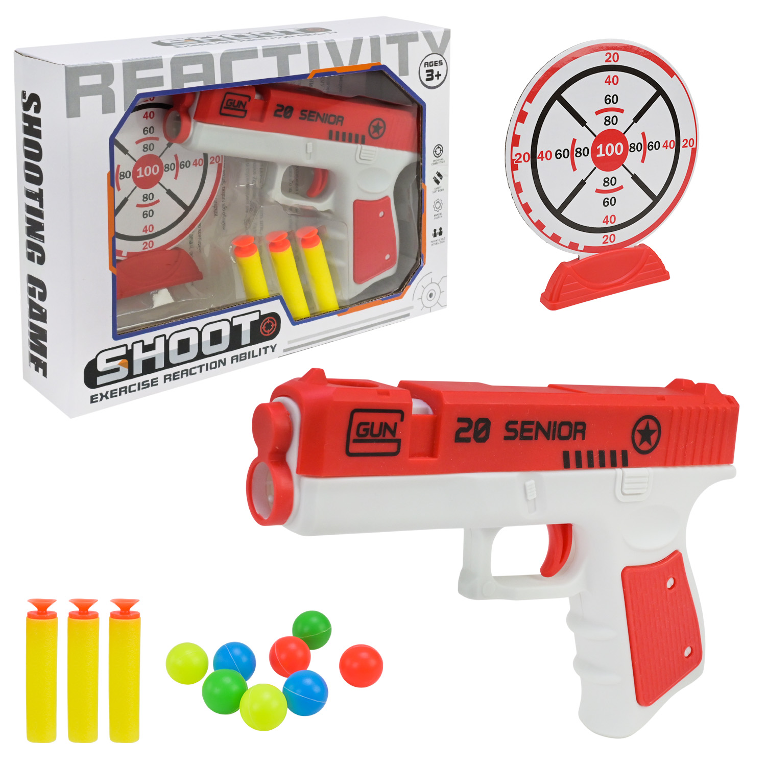 Iграшкова зброя арт. A30-51 (144шт/2) пістолет, мішень, м'як. кулі, у короб.,25,5*6*18см