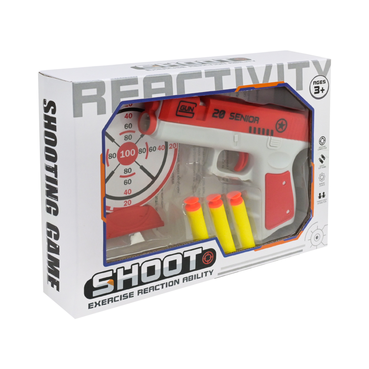 Iграшкова зброя арт. A30-51 (144шт/2) пістолет, мішень, м'як. кулі, у короб.,25,5*6*18см