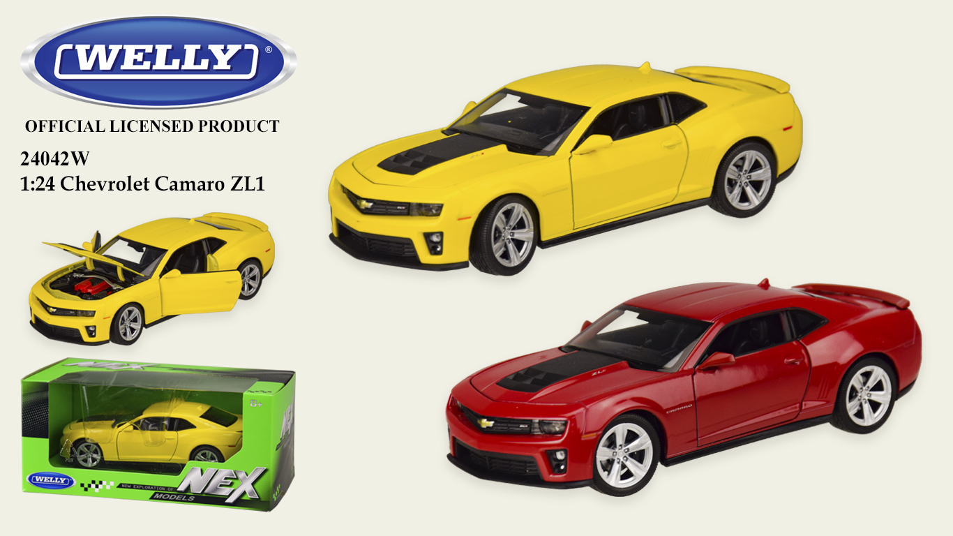 Машина метал 24042W (24шт/4) "WELLY"1:24 CHEVROLET CAMARO ZL1,откр.двери,капот,2 цвета,в кор.23*11*10 см, р-р игрушки – 19*7.5*5.5 см