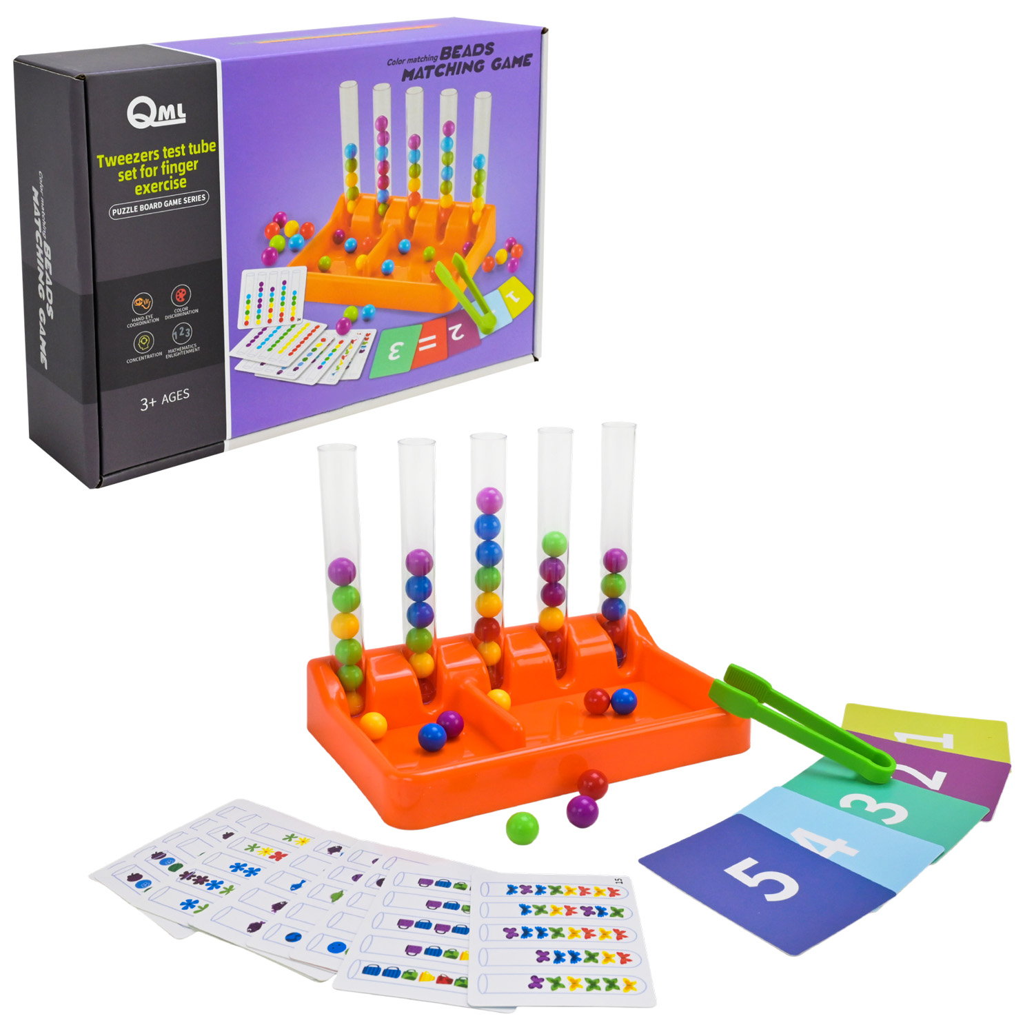 Гра "Намистинки" арт. M8C (48шт/2) 15 карток із завданнями, 40 кульок,  пінцет, 5 пробірок, короб. 23*6*16см