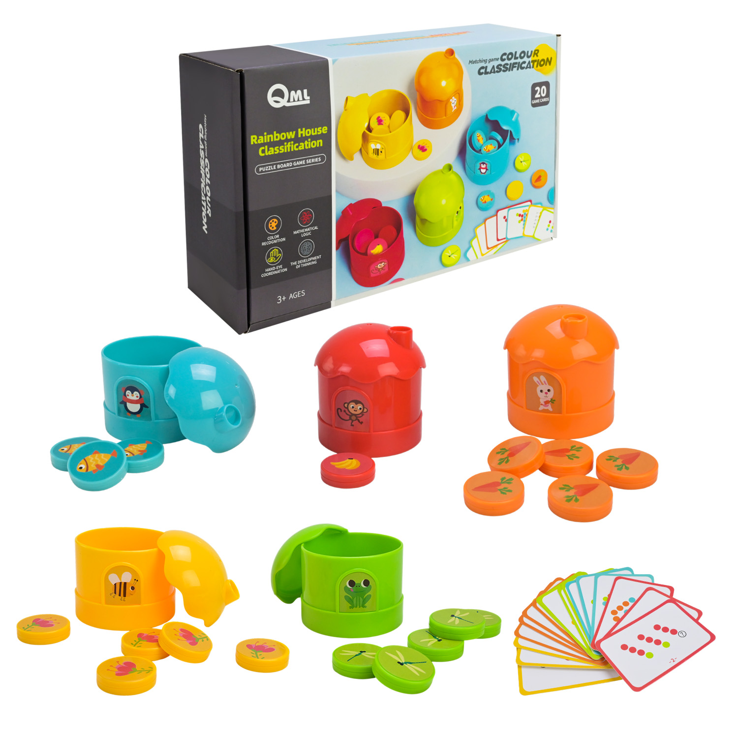 Гра "Класифікація кольорів" арт. M9K (48шт/2) 20 карток із завданнями, 25 фішок,5 різнокольорових будиночка, короб. 26*7,5*15,5см