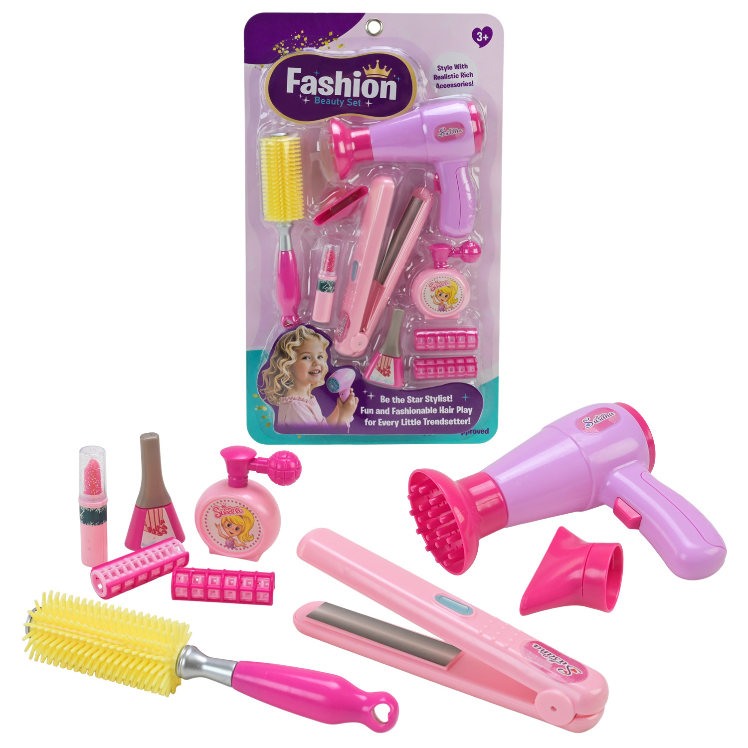 Перукаря набір арт. BE2510 (48шт/2) батар. фен дуе, розчіска, аксес планш. 22*38 см